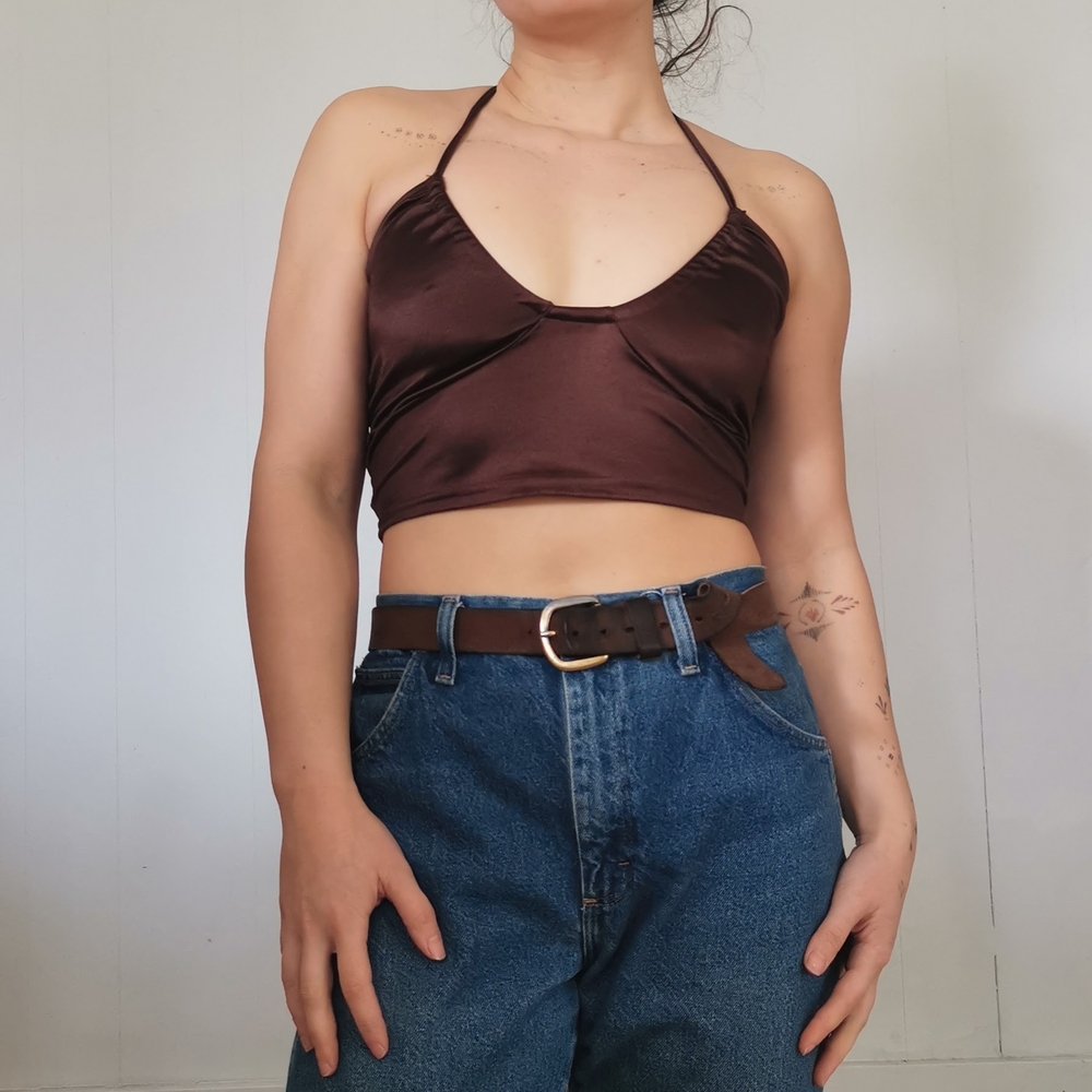 Brown Halter Neck Satin Top